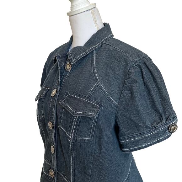 CJ Banks Jacket Shirt Jacket Puff Sleeve Size X 14W Plus Blue Jean Denim - Picture 4 of 10
